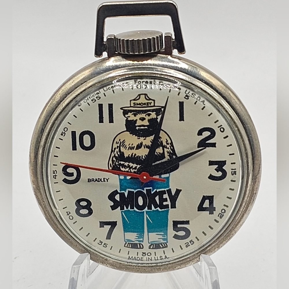 Rare 1970's Bradley Smokey The Bear Pocket Watch Running Manually Wound